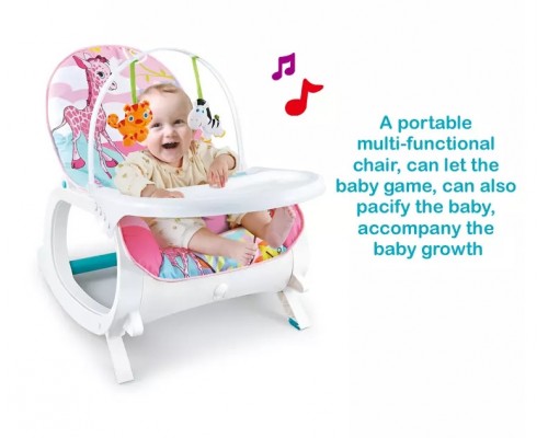 Детское кресло шезлонг - качалка 7288 с обеденным столиком 2 в 1 Вибро, музыка, игрушки Розовый