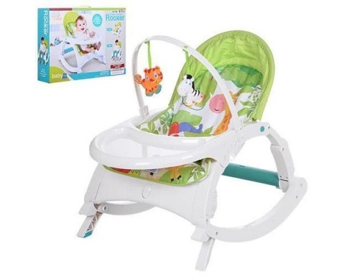 Детское кресло шезлонг качалка 7988 с обеденным столиком, Козырек, вибро, музыка, игрушки