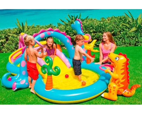 Детский надувной игровой центр с горкой. Планета Динозавров  57135 Intex 333-229-112 см