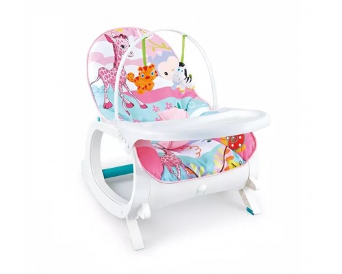 Детское кресло шезлонг - качалка 7288 с обеденным столиком 2 в 1 Вибро, музыка, игрушки Розовый