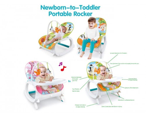 Детское кресло шезлонг - качалка 7188 с обеденным столиком Зеленый 2 в 1 Вибро, музыка, игрушки