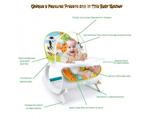 Детское кресло шезлонг - качалка 7188 с обеденным столиком Зеленый 2 в 1 Вибро, музыка, игрушки