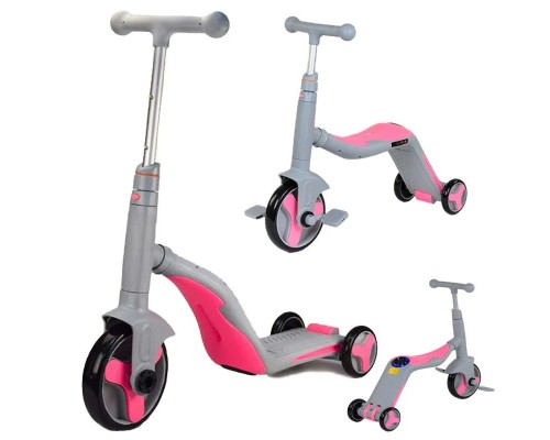Детский Самокат Беговел велосипед 3 в 1 JT 90601 Best Scooter Розовый Серый Подсветка, 8 мелодий