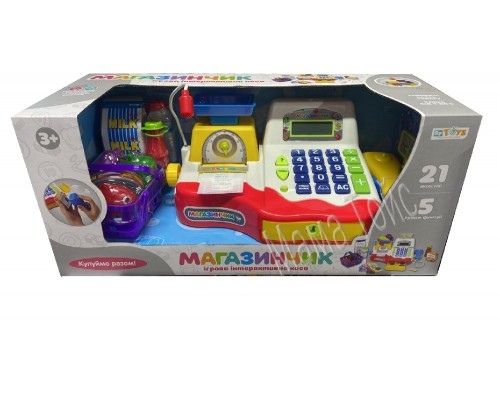 Детская Интерактивная касса Магазинчик, микрофон, калькулятор, продукты, чек (7162)