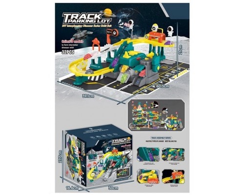 Трек Гараж Космический Динозавр с запуском, Звук, автоматический подъемник (388)