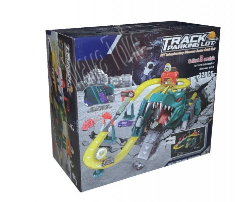 Трек Гараж Космический Динозавр с запуском, Звук, автоматический подъемник (388)