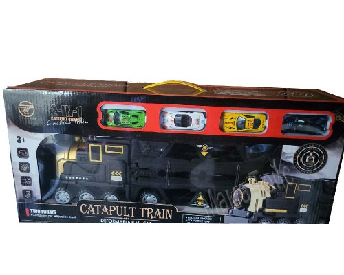 Трейлер трек с машинками и катапультой Поезд, Раскладная трасса 130 см, Запуск (8893)