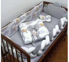 Постель в детскую кроватку бортики защита подушки, коса велюр. Серый Мишки (Облачко)